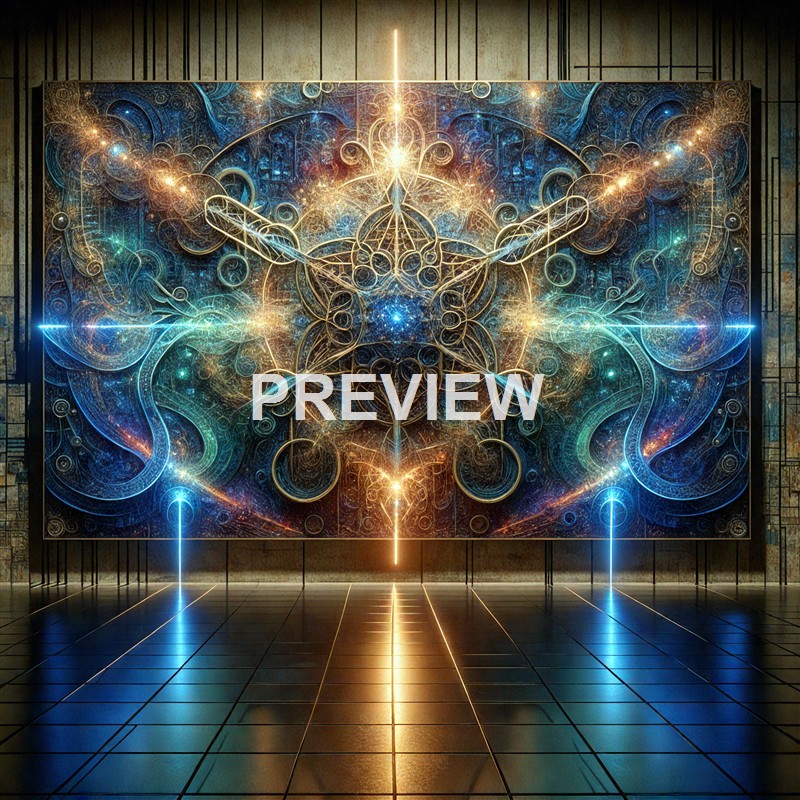 An intricate, glowing fractal artwork resembling a symmetrical, mythical creature with luminous tendrils and swirling patterns, displayed on a large screen in a gallery setting.